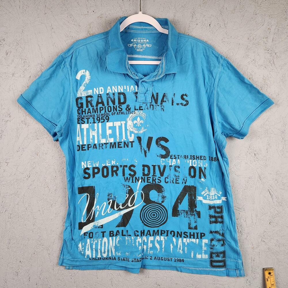 Arizona Jean Company Polo Shirt Mens 2XL Blue Graphic Athletic 1984 Graphic Logo